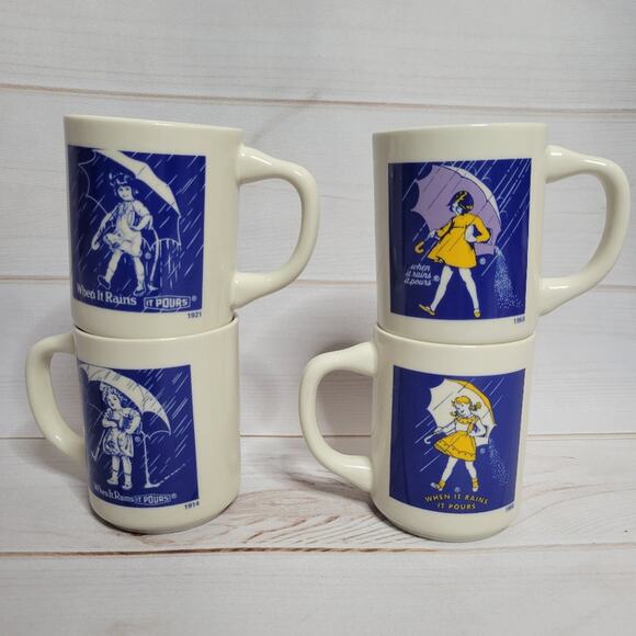 Vintage Morton Salt Mugs 1914 1921 1956 and 1968 - When It Rains It Pours - Picture 1 of 7